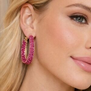 Pave Pink Rhinestone Crystal Large Hoop Earrings